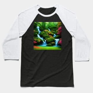 Ai Generated Art Scenery - Colourfull Mystical Forest With River Flowing Down A Lush Green Hill Baseball T-Shirt